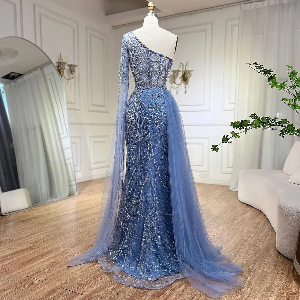 Arabisch Blau Elegantes Meerjungfrau Abendkleid mit Perlenrock - Luxuriöses Damen Hochzeits-Partykleid 2025 LA72174 