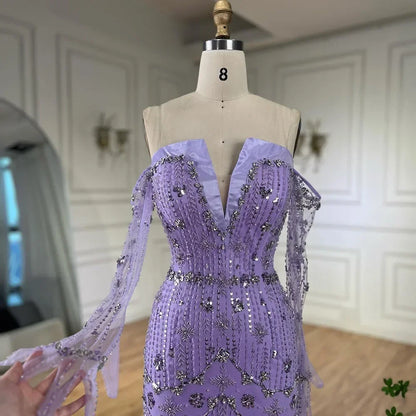 Arabisches lila Meerjungfrau-Abendkleid, trägerlos, luxuriös, mit Perlen besetzt, mit Handschuhärmeln für Damen – Hochzeitsfeier 2025 LA72333 