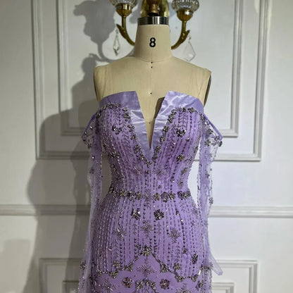 Arabisches lila Meerjungfrau-Abendkleid, trägerlos, luxuriös, mit Perlen besetzt, mit Handschuhärmeln für Damen – Hochzeitsfeier 2025 LA72333 