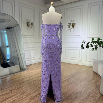 Arabisches lila Meerjungfrau-Abendkleid, trägerlos, luxuriös, mit Perlen besetzt, mit Handschuhärmeln für Damen – Hochzeitsfeier 2025 LA72333 