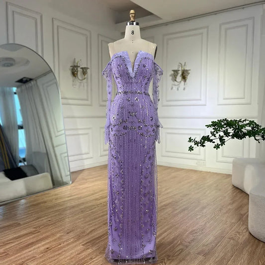 Arabisches lila Meerjungfrau-Abendkleid, trägerlos, luxuriös, mit Perlen besetzt, mit Handschuhärmeln für Damen – Hochzeitsfeier 2025 LA72333 