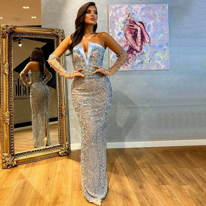 Arabisches lila Meerjungfrau-Abendkleid, trägerlos, luxuriös, mit Perlen besetzt, mit Handschuhärmeln für Damen – Hochzeitsfeier 2025 LA72333 