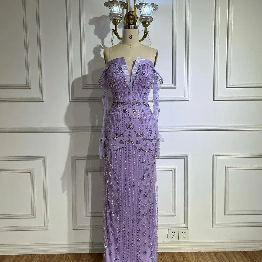 Arabisches lila Meerjungfrau-Abendkleid, trägerlos, luxuriös, mit Perlen besetzt, mit Handschuhärmeln für Damen – Hochzeitsfeier 2025 LA72333 