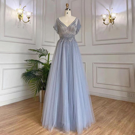 Arabisch A-Linie Blau Sexy V-AUSSCHNITT Luxus Perlen Dubai Abendkleider Für Frauen Elegante Party 2025 LA71899 