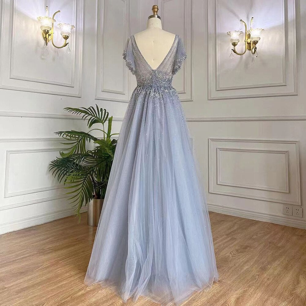 Arabic A-Line Blue Sexy V NECK Luxury Beaded Dubai Evening Dresses For Women Elegant Party 2025 LA71899