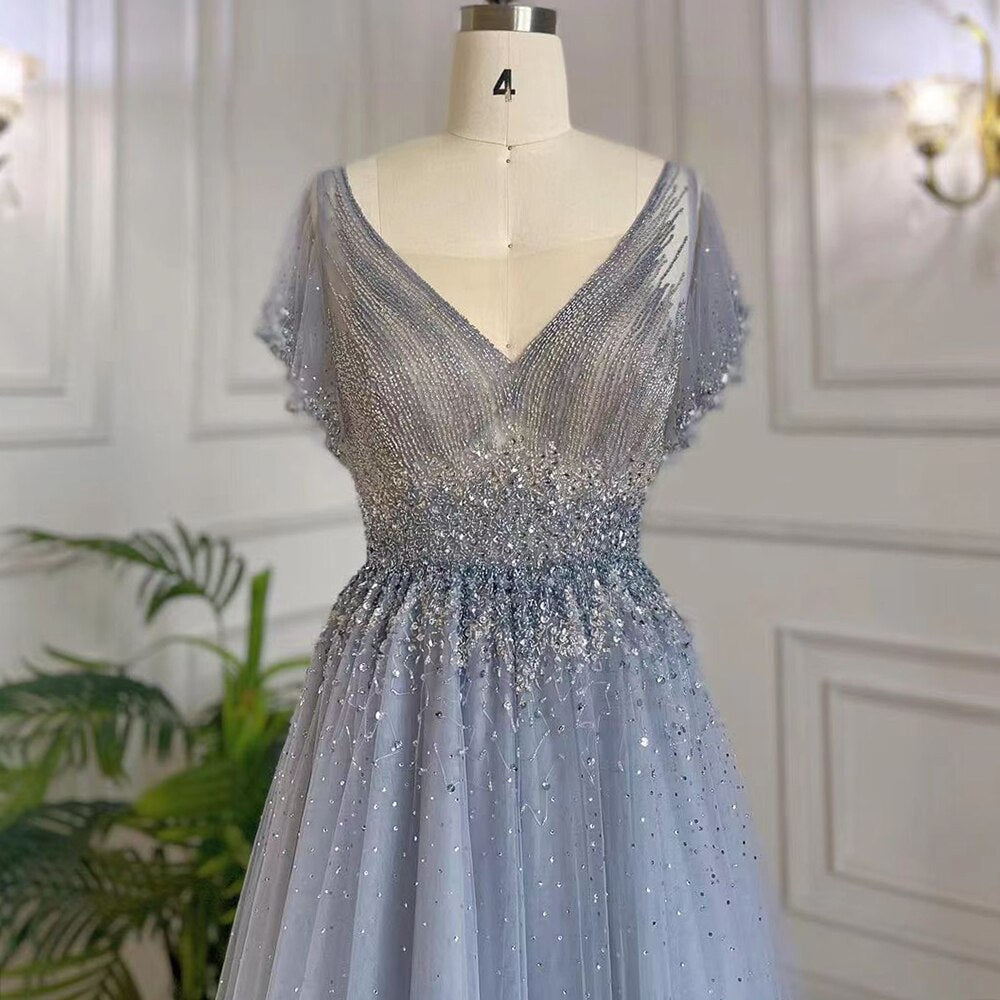 Arabic A-Line Blue Sexy V NECK Luxury Beaded Dubai Evening Dresses For Women Elegant Party 2025 LA71899