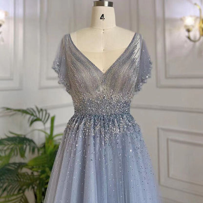 Arabisch A-Linie Blau Sexy V-AUSSCHNITT Luxus Perlen Dubai Abendkleider Für Frauen Elegante Party 2025 LA71899 