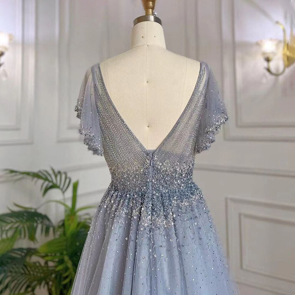 Arabic A-Line Blue Sexy V NECK Luxury Beaded Dubai Evening Dresses For Women Elegant Party 2025 LA71899