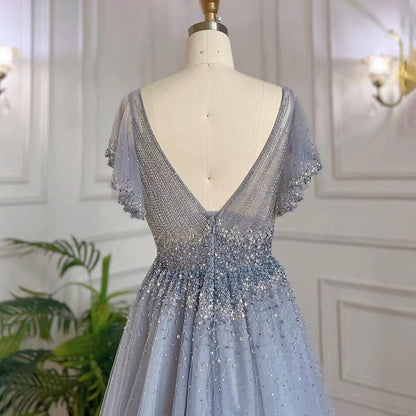 Arabisch A-Linie Blau Sexy V-AUSSCHNITT Luxus Perlen Dubai Abendkleider Für Frauen Elegante Party 2025 LA71899 
