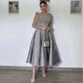 Arabisch A-Linie Luxus Satin Spitze Perlen Grau Midi Tee Länge Abendkleider Kleider Formale Frau Hochzeit Party LA72240 