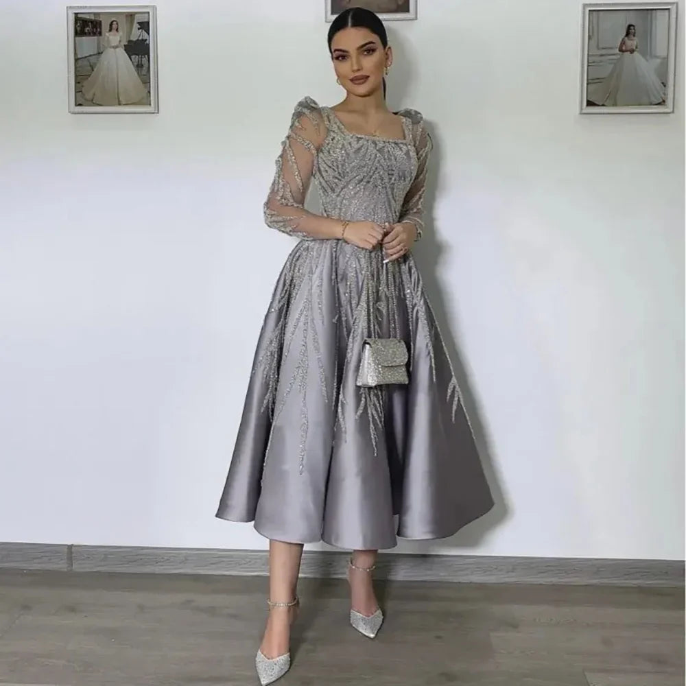 Arabic A Line Luxury Satin Lace Beaded Gray Midi Tea Length Evening Dresses Gowns Formal Woman Wedding Party LA72240