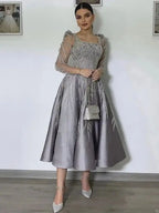 Arabisch A-Linie Luxus Satin Spitze Perlen Grau Midi Tee Länge Abendkleider Kleider Formale Frau Hochzeit Party LA72240 