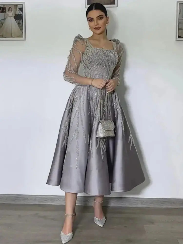 Arabisch A-Linie Luxus Satin Spitze Perlen Grau Midi Tee Länge Abendkleider Kleider Formale Frau Hochzeit Party LA72240 
