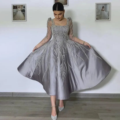 Arabisch A-Linie Luxus Satin Spitze Perlen Grau Midi Tee Länge Abendkleider Kleider Formale Frau Hochzeit Party LA72240 