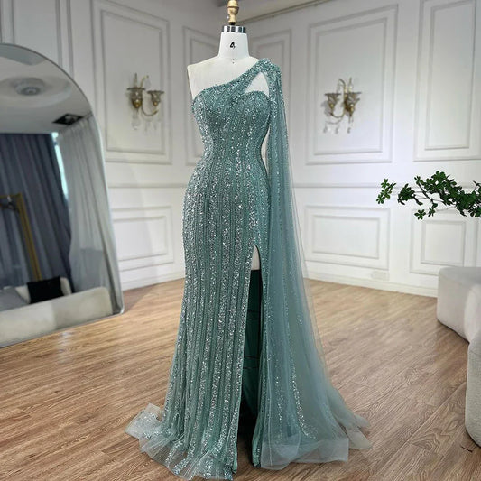 Arabisch Perlen One-Shoulder Cape Sleeves Türkis Meerjungfrau Abendkleider Kleider Für Frauen Hochzeit Party 2025 LA72284 