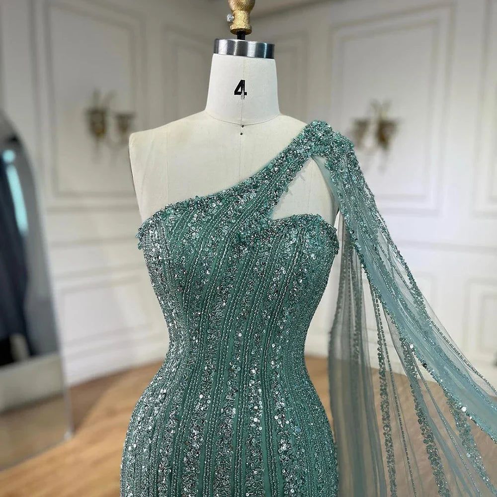 Arabisch Perlen One-Shoulder Cape Sleeves Türkis Meerjungfrau Abendkleider Kleider Für Frauen Hochzeit Party 2025 LA72284 