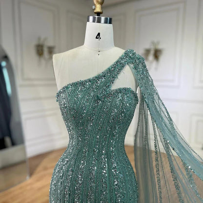 Arabisch Perlen One-Shoulder Cape Sleeves Türkis Meerjungfrau Abendkleider Kleider Für Frauen Hochzeit Party 2025 LA72284 