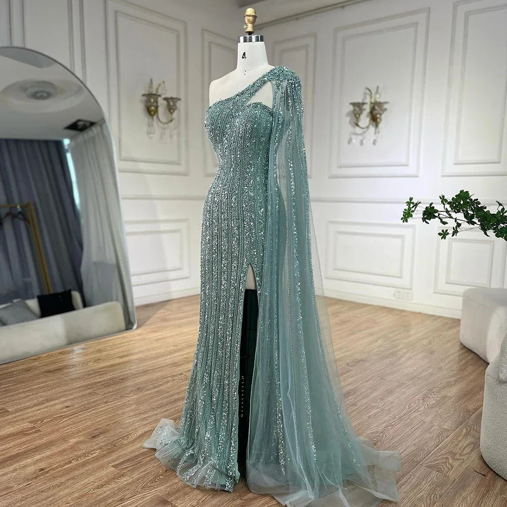 Arabisch Perlen One-Shoulder Cape Sleeves Türkis Meerjungfrau Abendkleider Kleider Für Frauen Hochzeit Party 2025 LA72284 