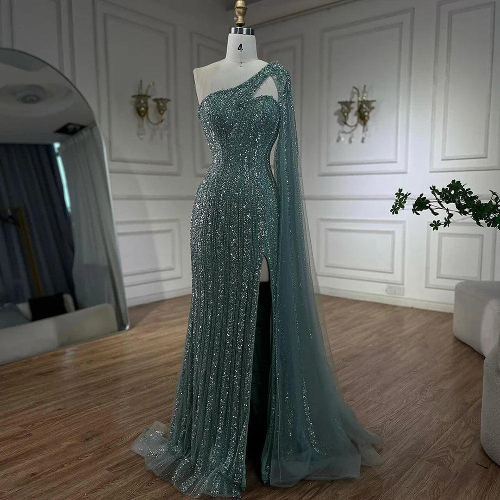 Arabisch Perlen One-Shoulder Cape Sleeves Türkis Meerjungfrau Abendkleider Kleider Für Frauen Hochzeit Party 2025 LA72284 