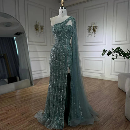 Arabisch Perlen One-Shoulder Cape Sleeves Türkis Meerjungfrau Abendkleider Kleider Für Frauen Hochzeit Party 2025 LA72284 