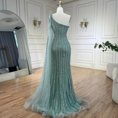 Arabisch Perlen One-Shoulder Cape Sleeves Türkis Meerjungfrau Abendkleider Kleider Für Frauen Hochzeit Party 2025 LA72284 