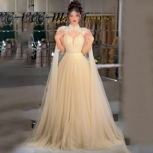 Arabisches Beige A-Linie Federn Langer Umhang Luxus Perlenbesetztes Saudi Abendkleid Kleider für formelle Anlässe 2025 LA72722 