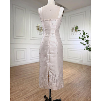 Arabisch Beige Elegante Meerjungfrau Knöchellangen Perlen Kristall Luxus Abendkleider Kleider Für Frauen Party LA71914 