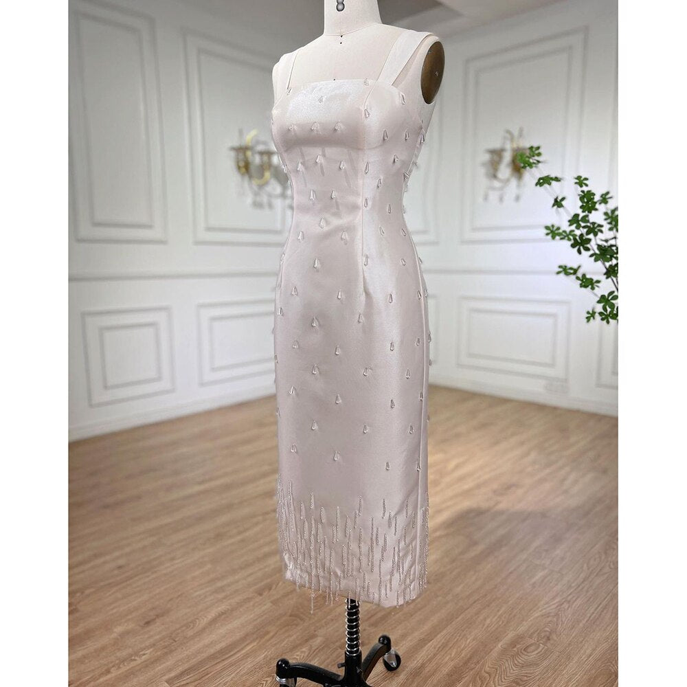Arabisch Beige Elegante Meerjungfrau Knöchellangen Perlen Kristall Luxus Abendkleider Kleider Für Frauen Party LA71914 