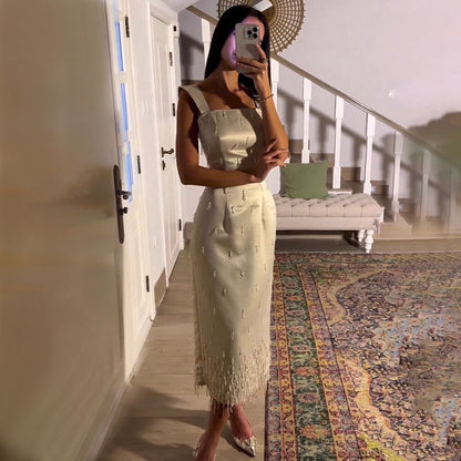 Arabisch Beige Elegante Meerjungfrau Knöchellangen Perlen Kristall Luxus Abendkleider Kleider Für Frauen Party LA71914 