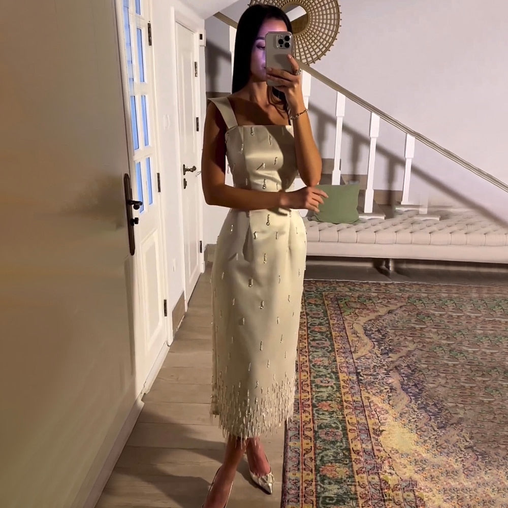Arabic Beige Elegant Mermaid Ankle Length Beaded Crystal Luxury Evening Dresses Gowns For Women Party LA71914