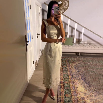 Arabisch Beige Elegante Meerjungfrau Knöchellangen Perlen Kristall Luxus Abendkleider Kleider Für Frauen Party LA71914 