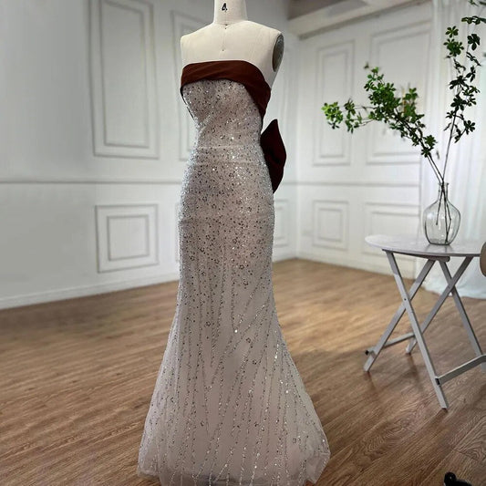 Arabisch Beige Elegante Meerjungfrau Sexy Trägerlosen Perlen Abendkleider 2025 Kleider Für Frauen Hochzeit Party LA72065 