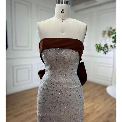 Arabisch Beige Elegante Meerjungfrau Sexy Trägerlosen Perlen Abendkleider 2025 Kleider Für Frauen Hochzeit Party LA72065 
