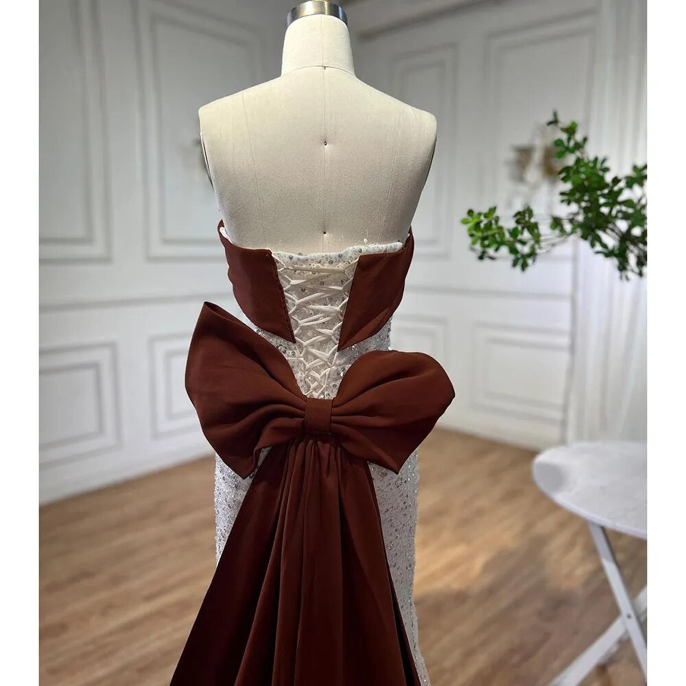 Arabisch Beige Elegante Meerjungfrau Sexy Trägerlosen Perlen Abendkleider 2025 Kleider Für Frauen Hochzeit Party LA72065 