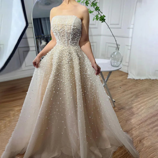 Arabisch Beige Trägerloses Perlen Elegante A-linie Lange Abendkleider Kleider Für Frauen Hochzeit Party 2025 LA72009 