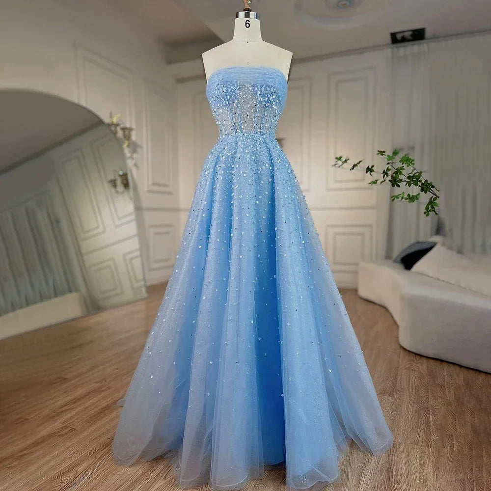 Arabic Beige Strapless Beaded Elegant A Line Long Evening Dresses Gowns For Women Wedding Party 2025 LA72009