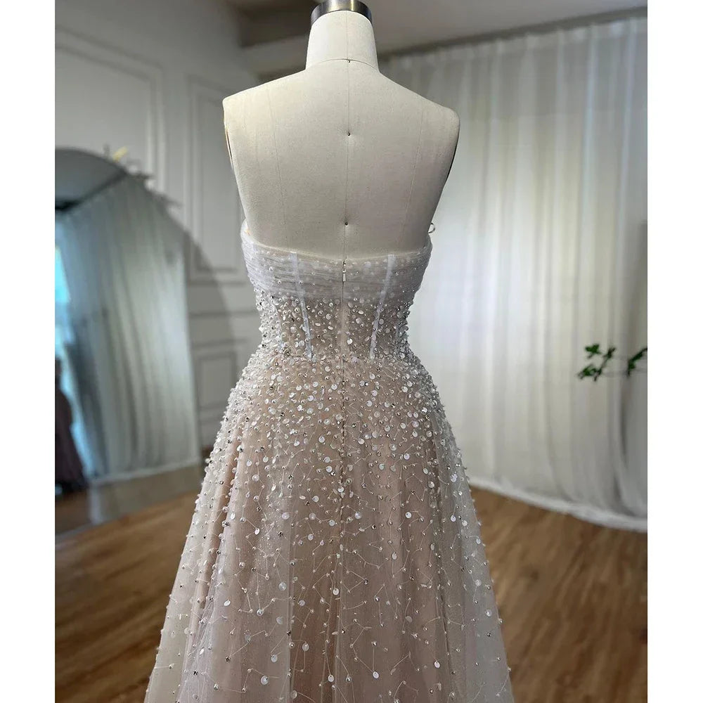 Arabisch Beige Trägerloses Perlen Elegante A-linie Lange Abendkleider Kleider Für Frauen Hochzeit Party 2025 LA72009 
