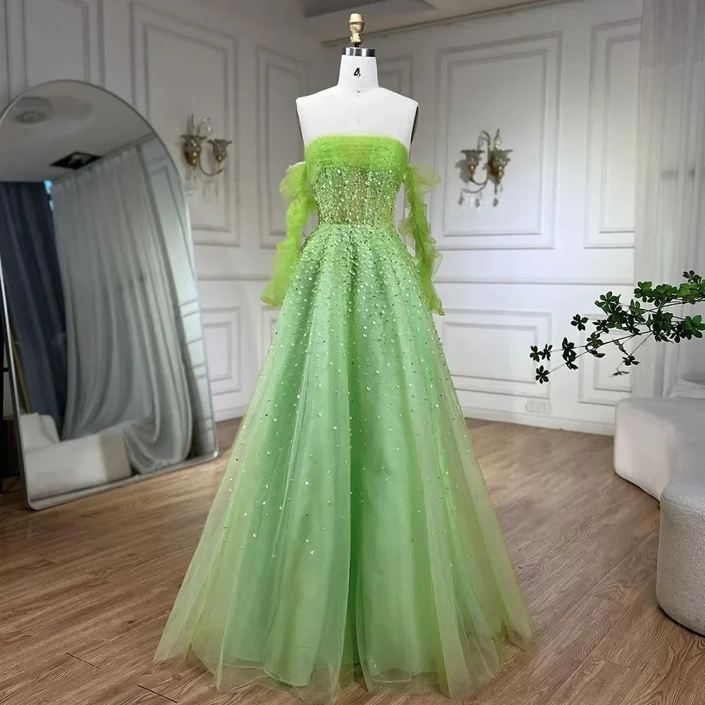 Arabisch Beige Trägerloses Perlen Elegante A-linie Lange Abendkleider Kleider Für Frauen Hochzeit Party 2025 LA72009 