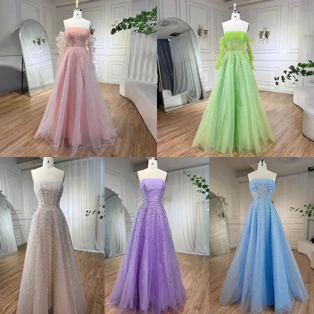 Arabisch Beige Trägerloses Perlen Elegante A-linie Lange Abendkleider Kleider Für Frauen Hochzeit Party 2025 LA72009 