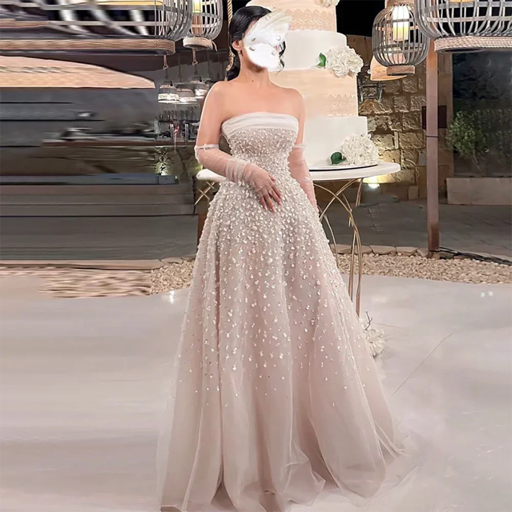 Arabisch Beige Trägerloses Perlen Elegante A-linie Lange Abendkleider Kleider Für Frauen Hochzeit Party 2025 LA72009 