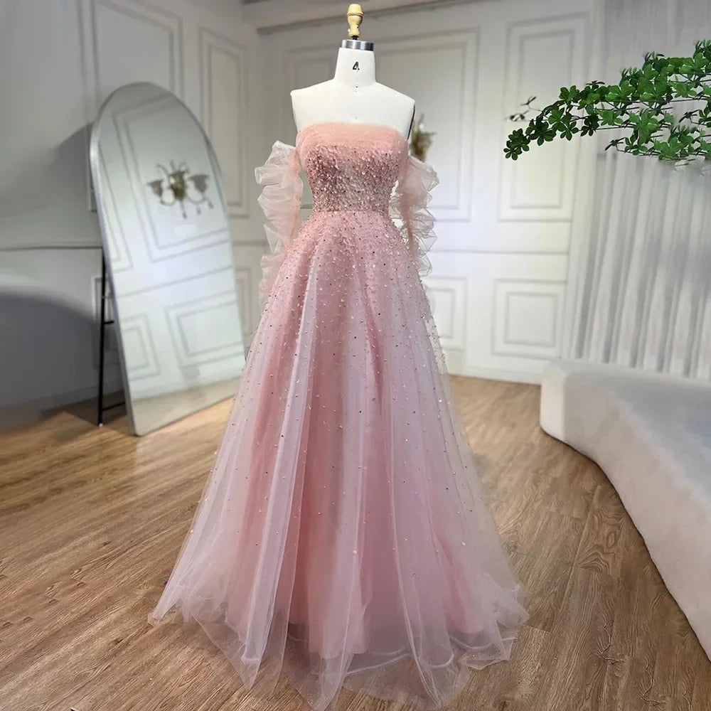 Arabic Beige Strapless Beaded Elegant A Line Long Evening Dresses Gowns For Women Wedding Party 2025 LA72009