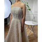 Arabic Beige Strapless Beaded Elegant A Line Long Evening Dresses Gowns For Women Wedding Party 2025 LA72009