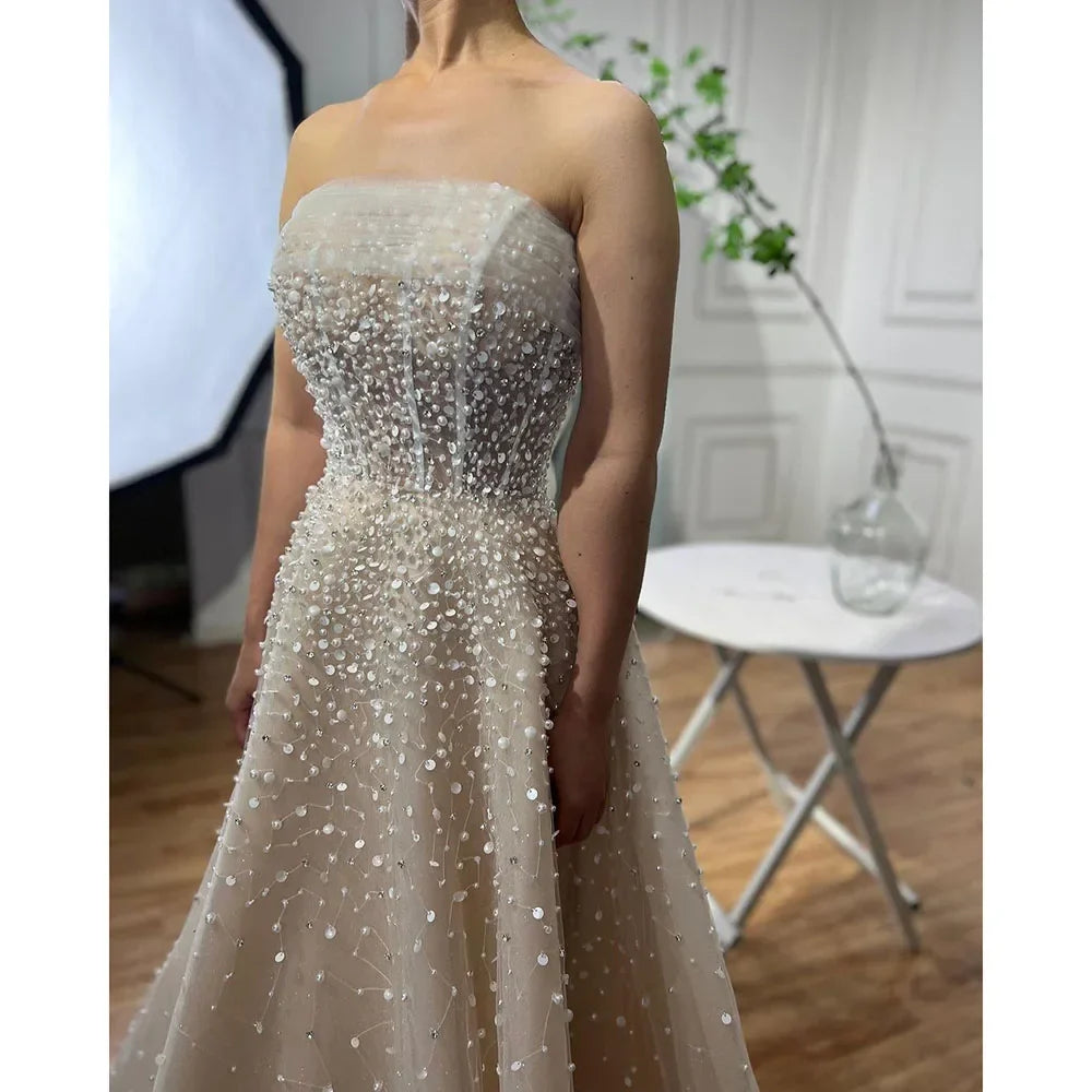 Arabisch Beige Trägerloses Perlen Elegante A-linie Lange Abendkleider Kleider Für Frauen Hochzeit Party 2025 LA72009 