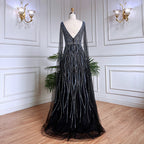 Arabic Black A Line Cape Sleeves V Neck Beaded Long Evening Dresses Gowns For Women Wedding Party 2025 LA71960