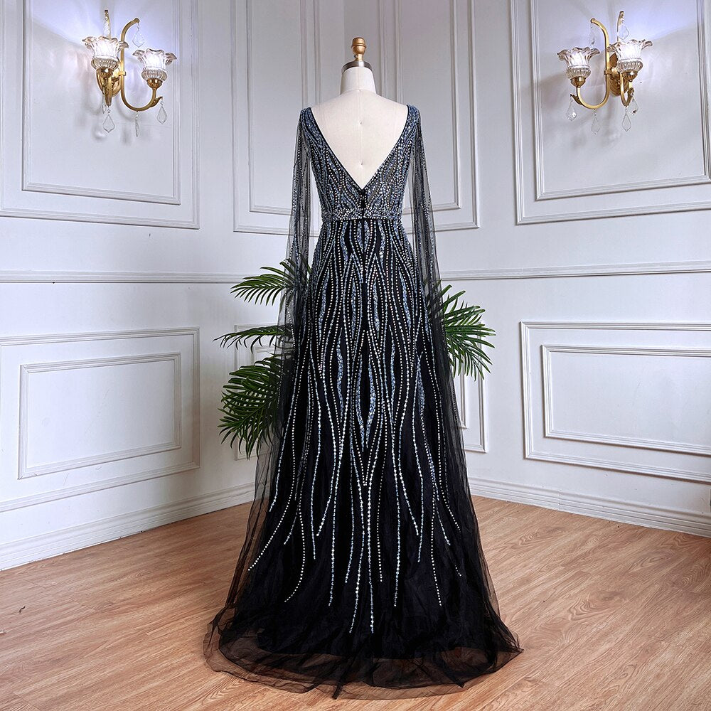 Arabic Black A Line Cape Sleeves V Neck Beaded Long Evening Dresses Gowns For Women Wedding Party 2025 LA71960