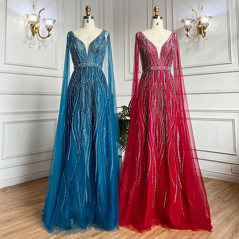 Arabic Black A Line Cape Sleeves V Neck Beaded Long Evening Dresses Gowns For Women Wedding Party 2025 LA71960