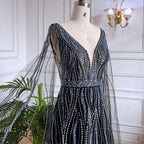 Arabic Black A Line Cape Sleeves V Neck Beaded Long Evening Dresses Gowns For Women Wedding Party 2025 LA71960