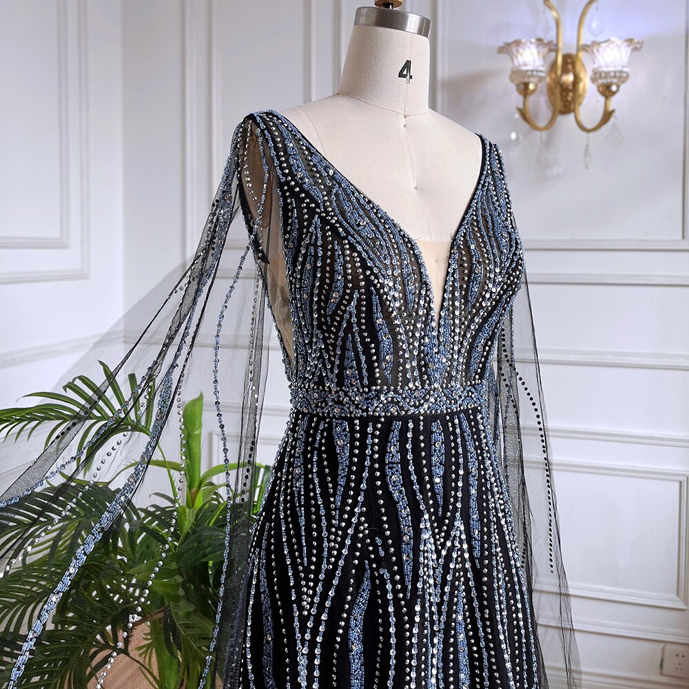 Arabic Black A Line Cape Sleeves V Neck Beaded Long Evening Dresses Gowns For Women Wedding Party 2025 LA71960
