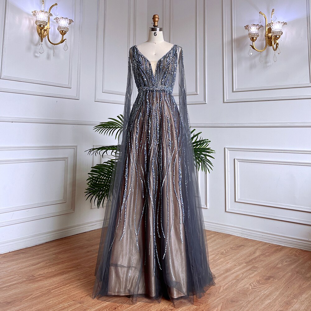 Arabic Black A Line Cape Sleeves V Neck Beaded Long Evening Dresses Gowns For Women Wedding Party 2025 LA71960