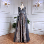 Arabic Black A Line Cape Sleeves V Neck Beaded Long Evening Dresses Gowns For Women Wedding Party 2025 LA71960